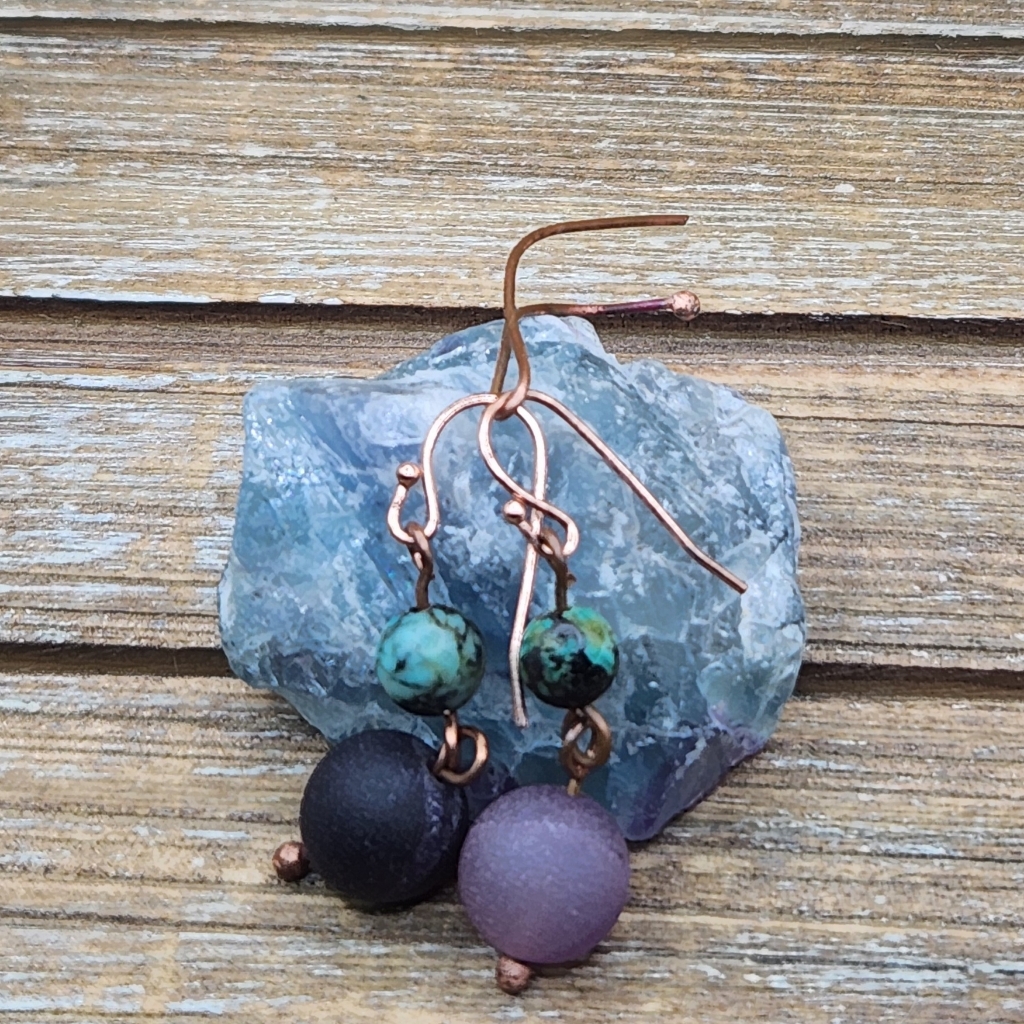 Purple Druzy Agate And African Turquoise Drop Earrings